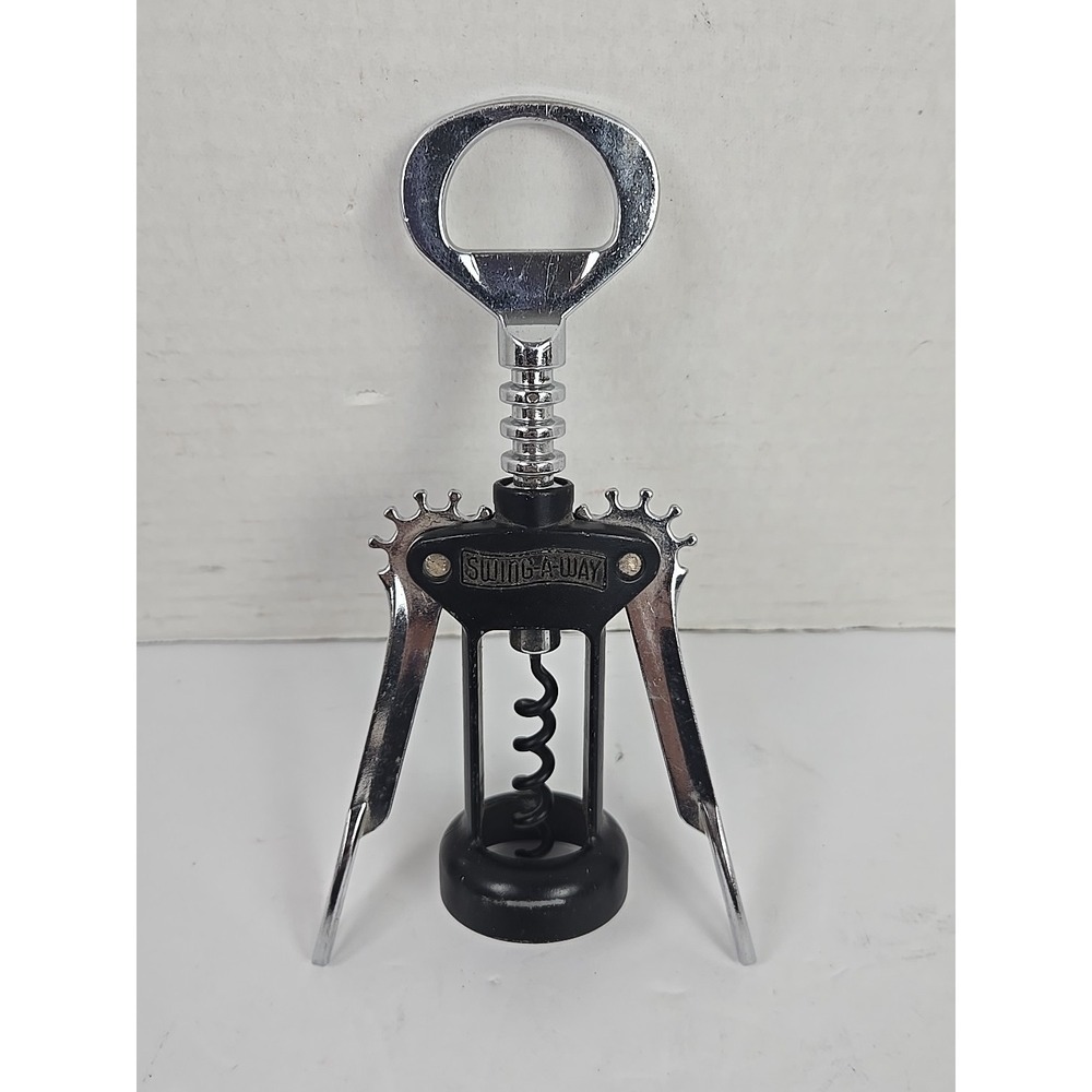 Vintage Swing-A-Way Black Corkscrew Wine Bottle Opener Metal Wing Arm 7.5 Inches